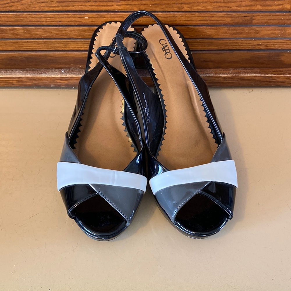 Black, gray and white peep toe heels, size 9